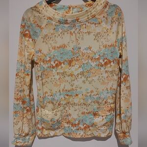 Vintage Floral Yellow Multi Color Top With Tie/ Belt Feminine Work Play Travel